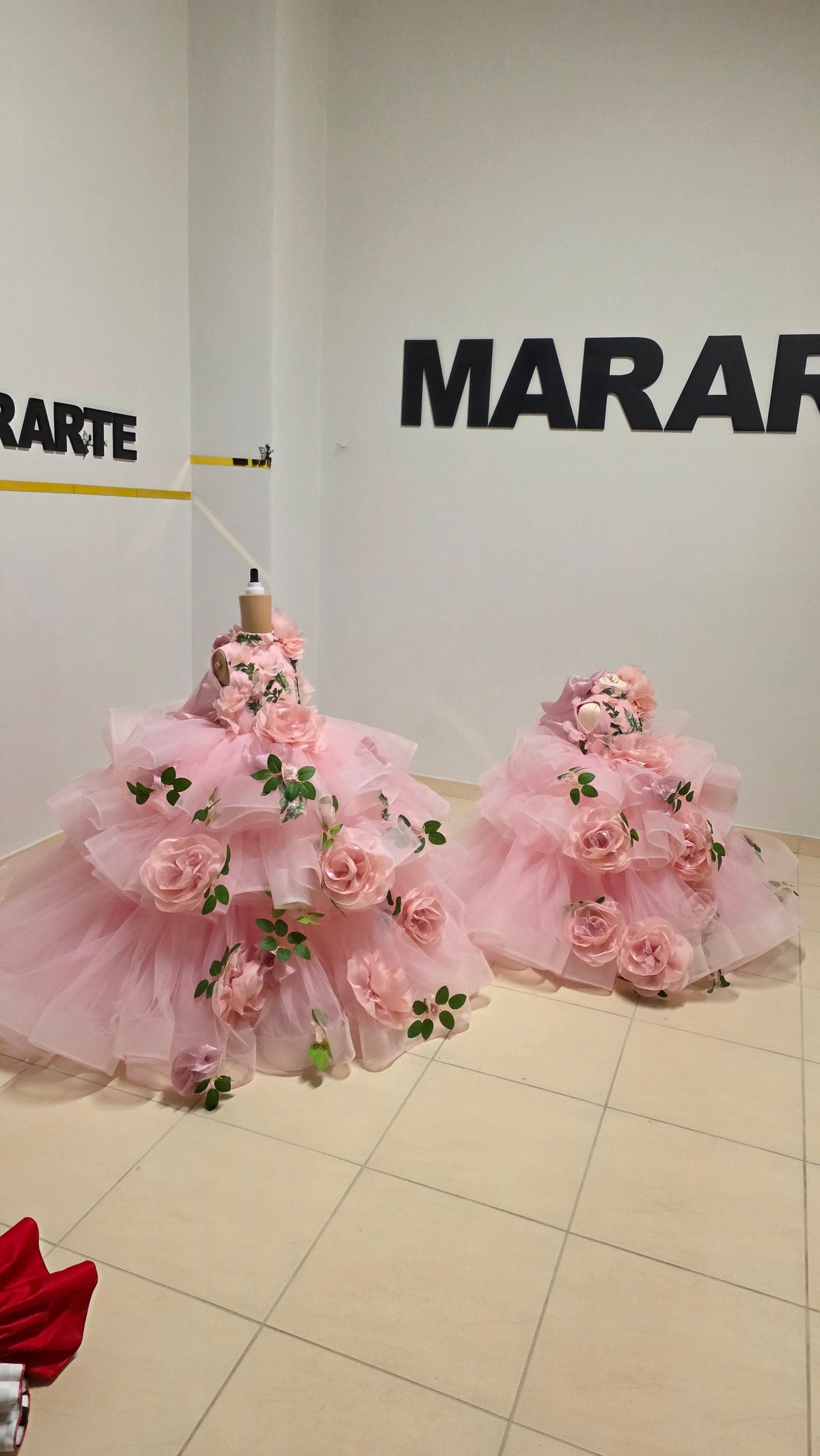 Two pink flower girl ball gowns with organza roses in sizes 2-3 and 6-7, ready to ship - Mararte Workshop