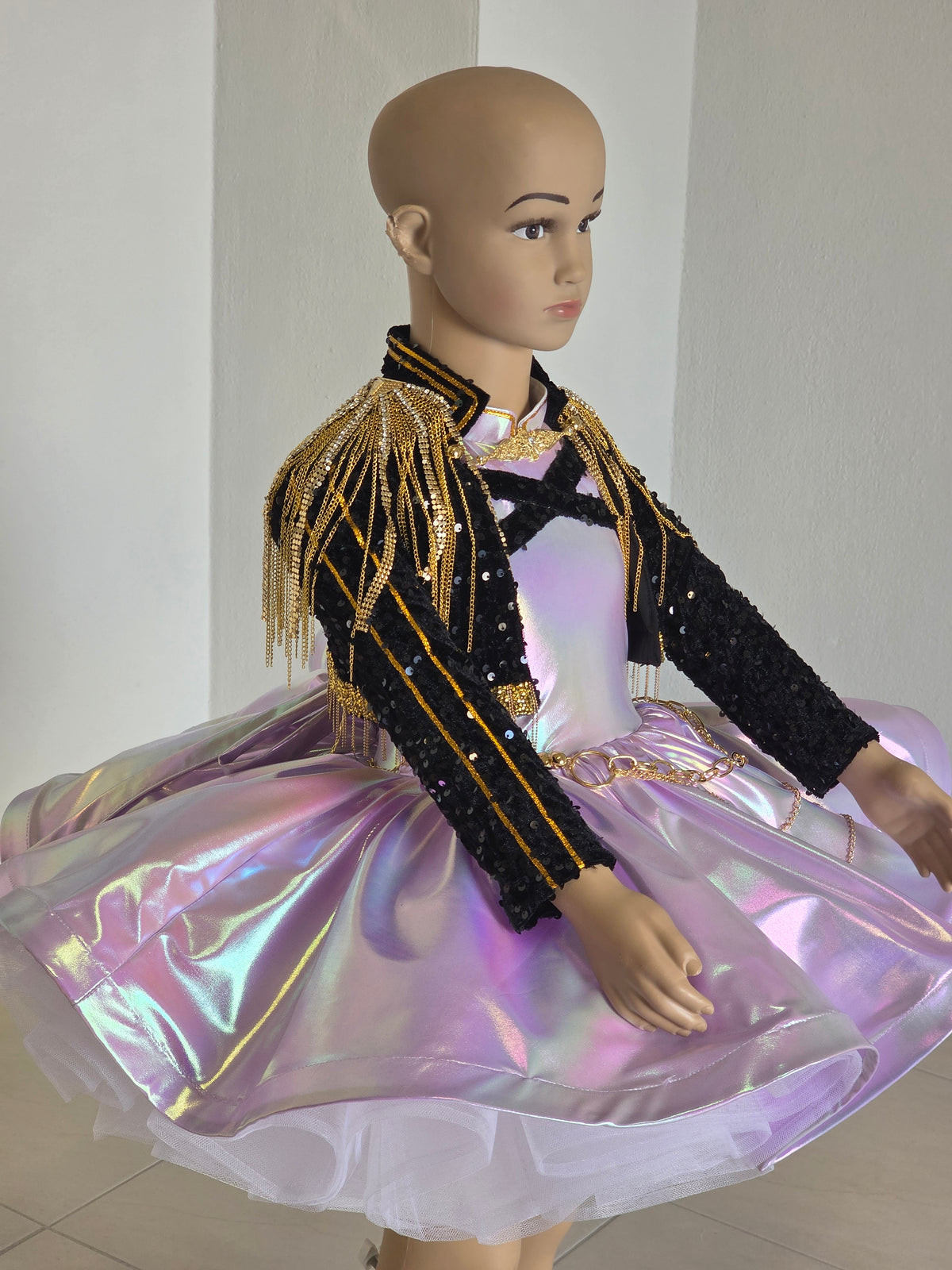 K-pop Glam couture party dress for girls with black and gold sequin jacket and iridescent tutu skirt by Mararte