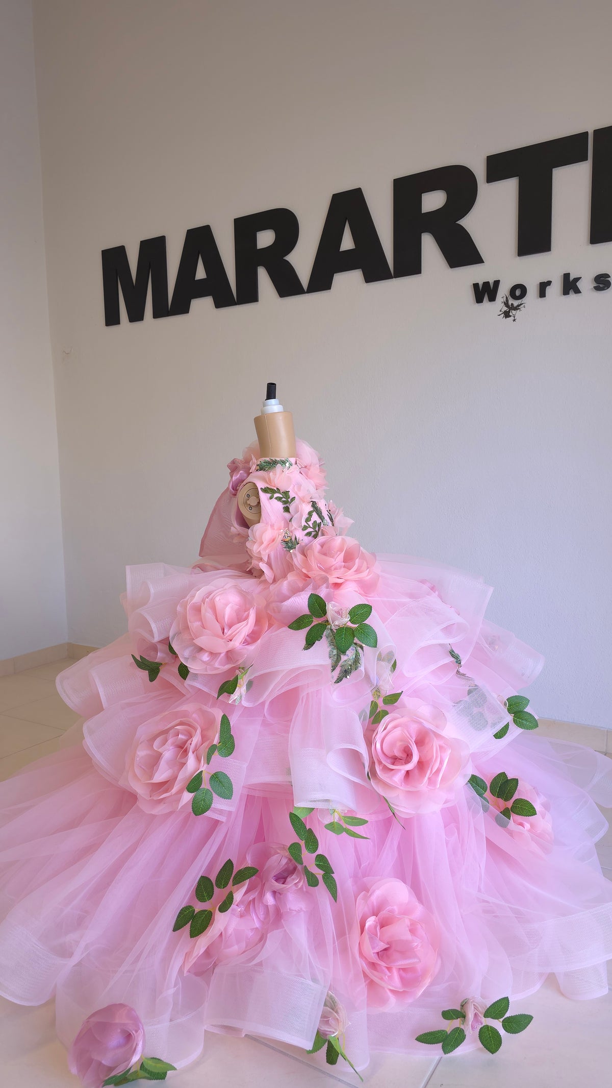 Pink tulle princess ball gown for girls with handmade 3D organza roses and leaves - Mararte Workshop
