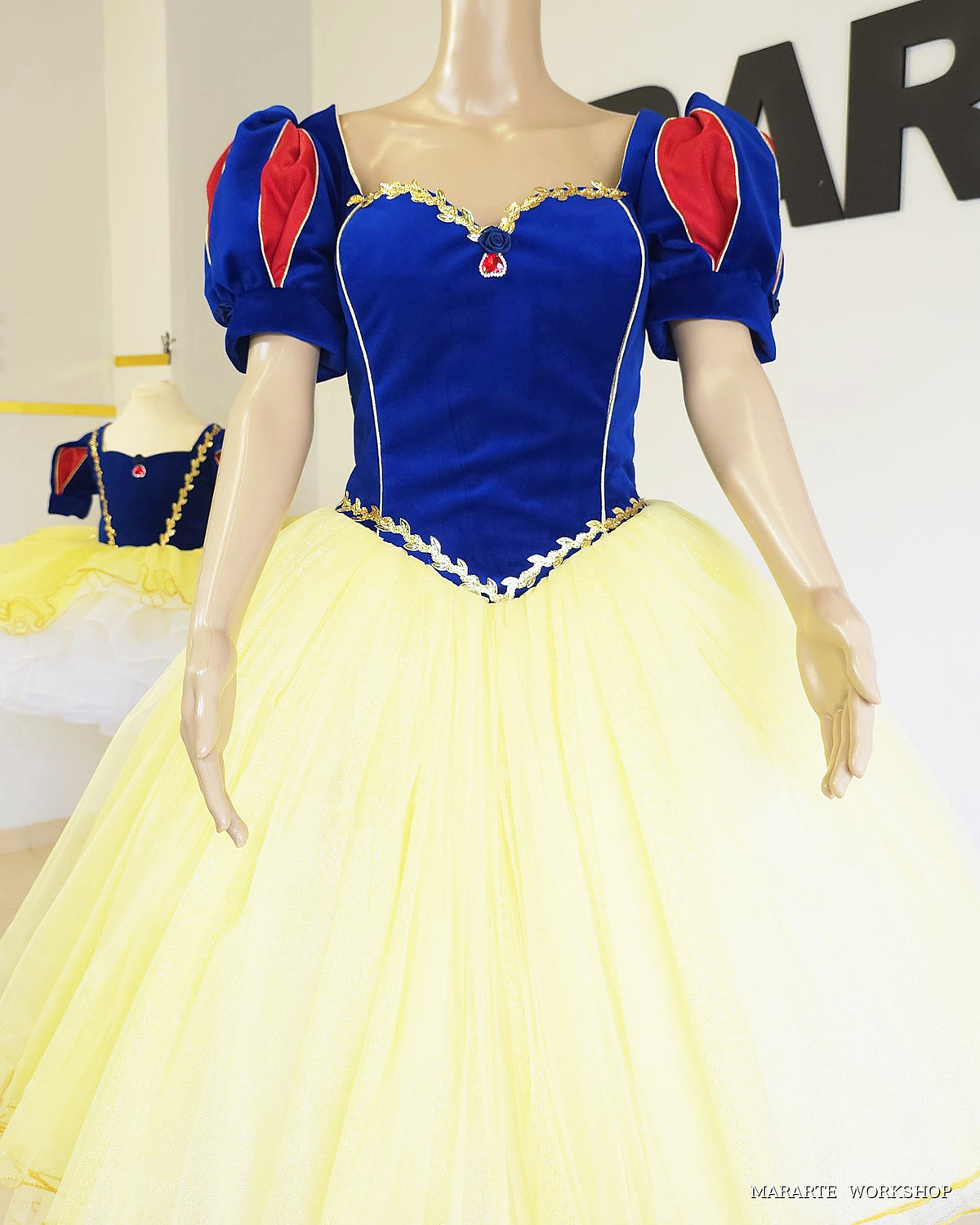 Women's Snow White inspired princess dress with gold leaf trim, red heart gem and full yellow tulle skirt - Mararte Workshop