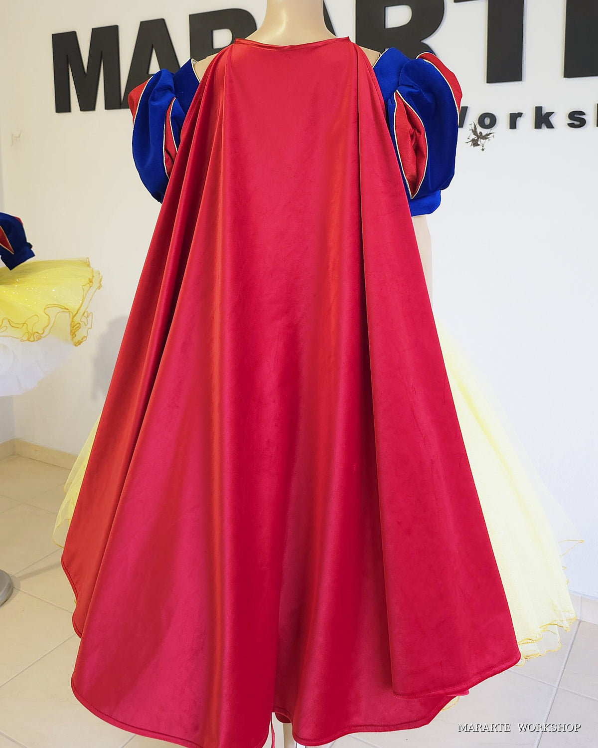 Red velvet cape included with the women's Snow White inspired princess dress, back view - Mararte Workshop