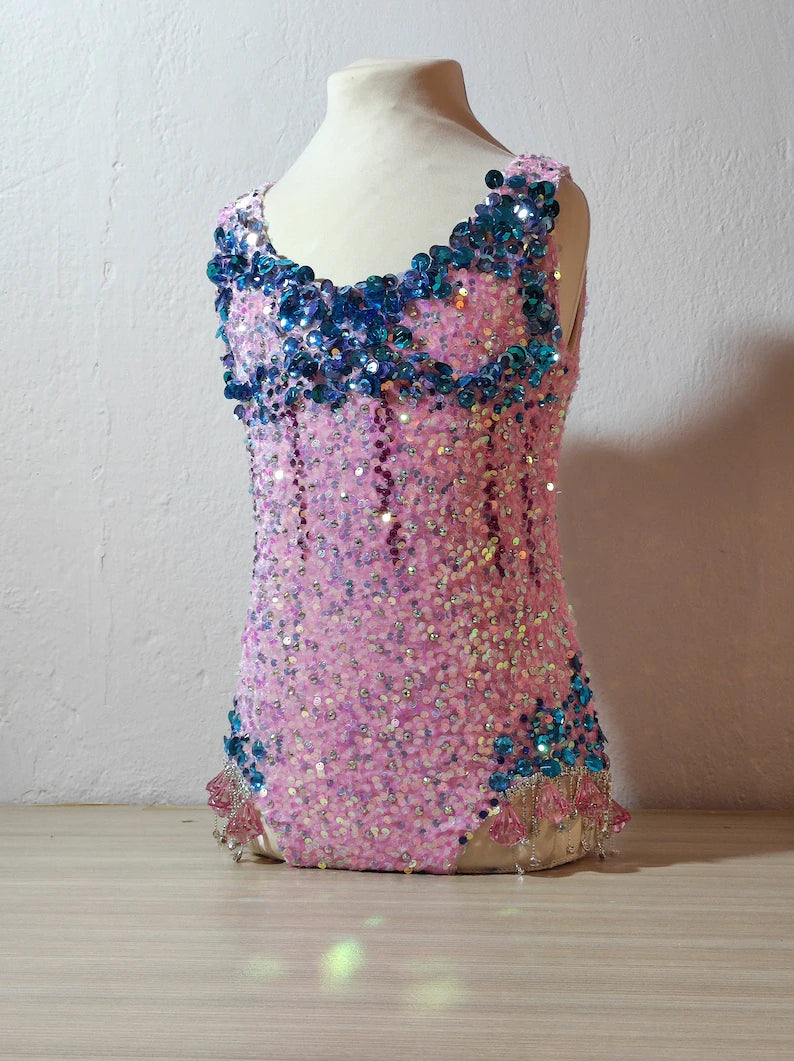 Pink sequin crystals leotard