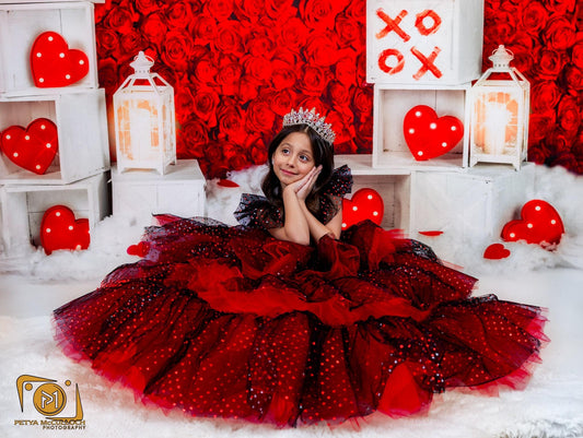 Black Red long Dress, Ruffled Valentine dress