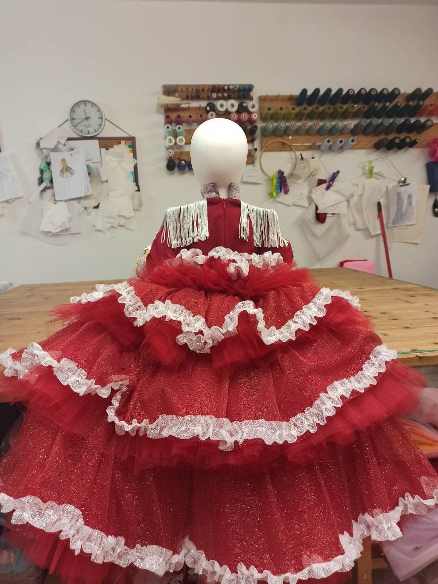 Baby Girl Tutu Nutcracker Costume, Red Circus Outfit with Train