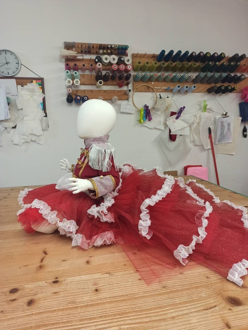 Baby Girl Tutu Nutcracker Costume, Red Circus Outfit with Train