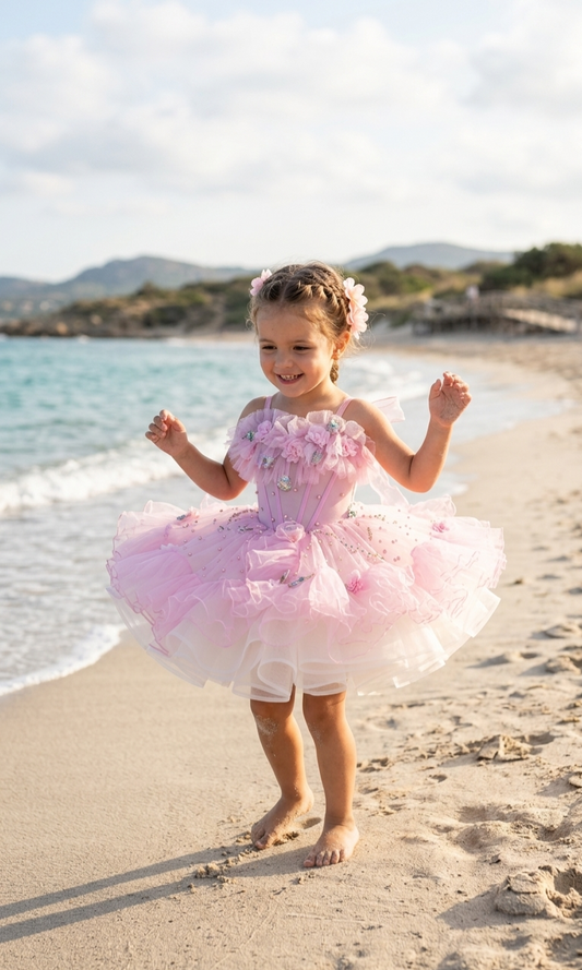 Young girl in a pink dress with floral details standing on a beach.